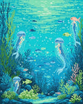 Oceanic Jellyfish Coral Reef Scene Rug - Cutout View