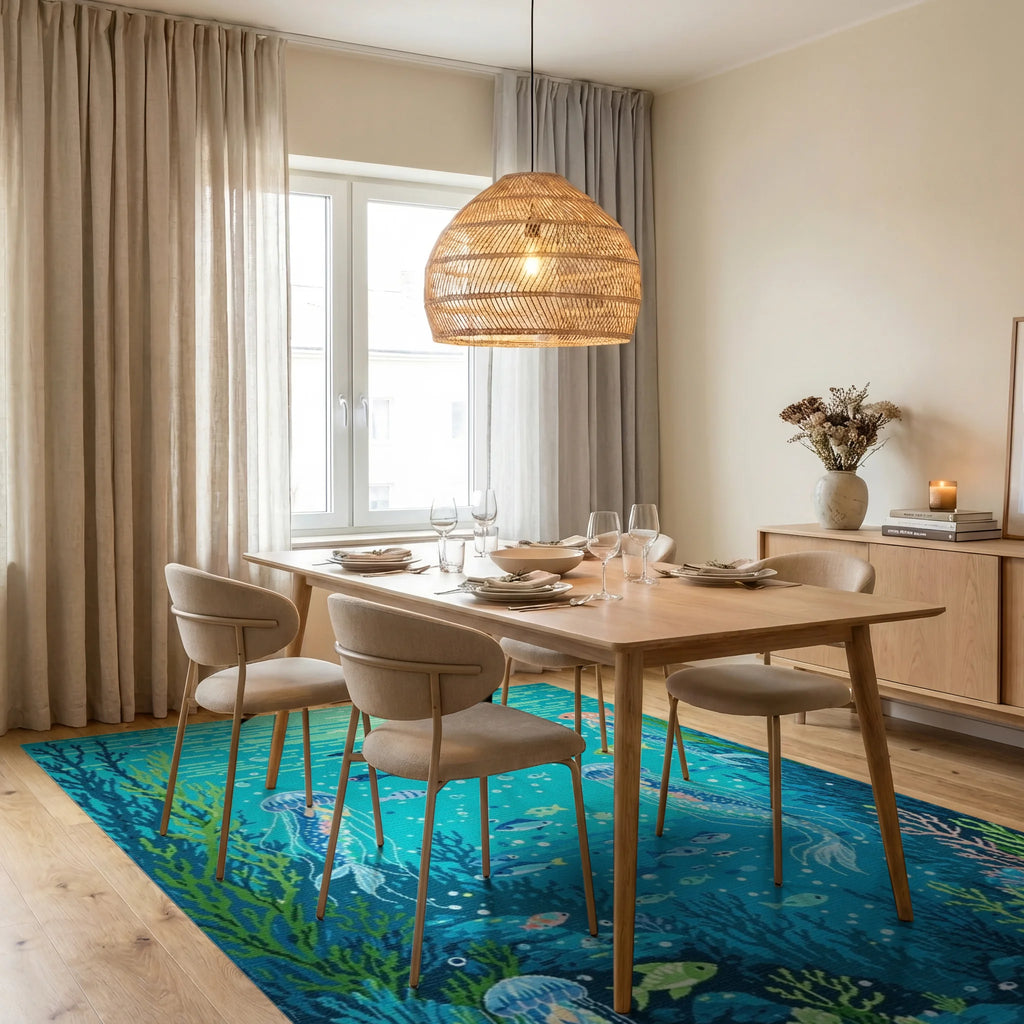Oceanic Jellyfish Coral Reef Scene Rug - Dining Room View