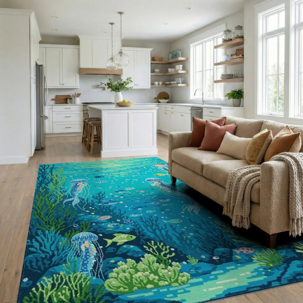 Oceanic Jellyfish Coral Reef Scene Rug - Living Room View