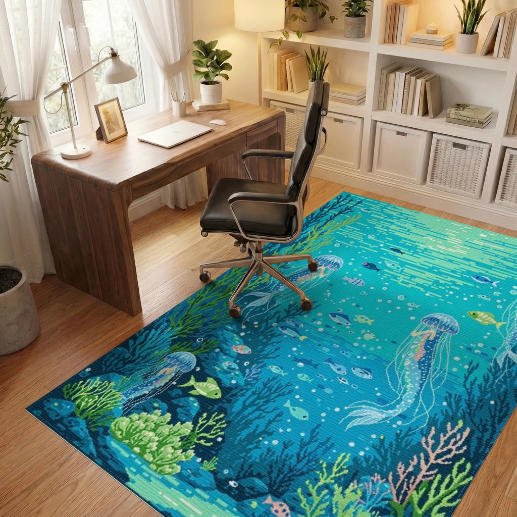 Oceanic Jellyfish Coral Reef Scene Rug - Office View