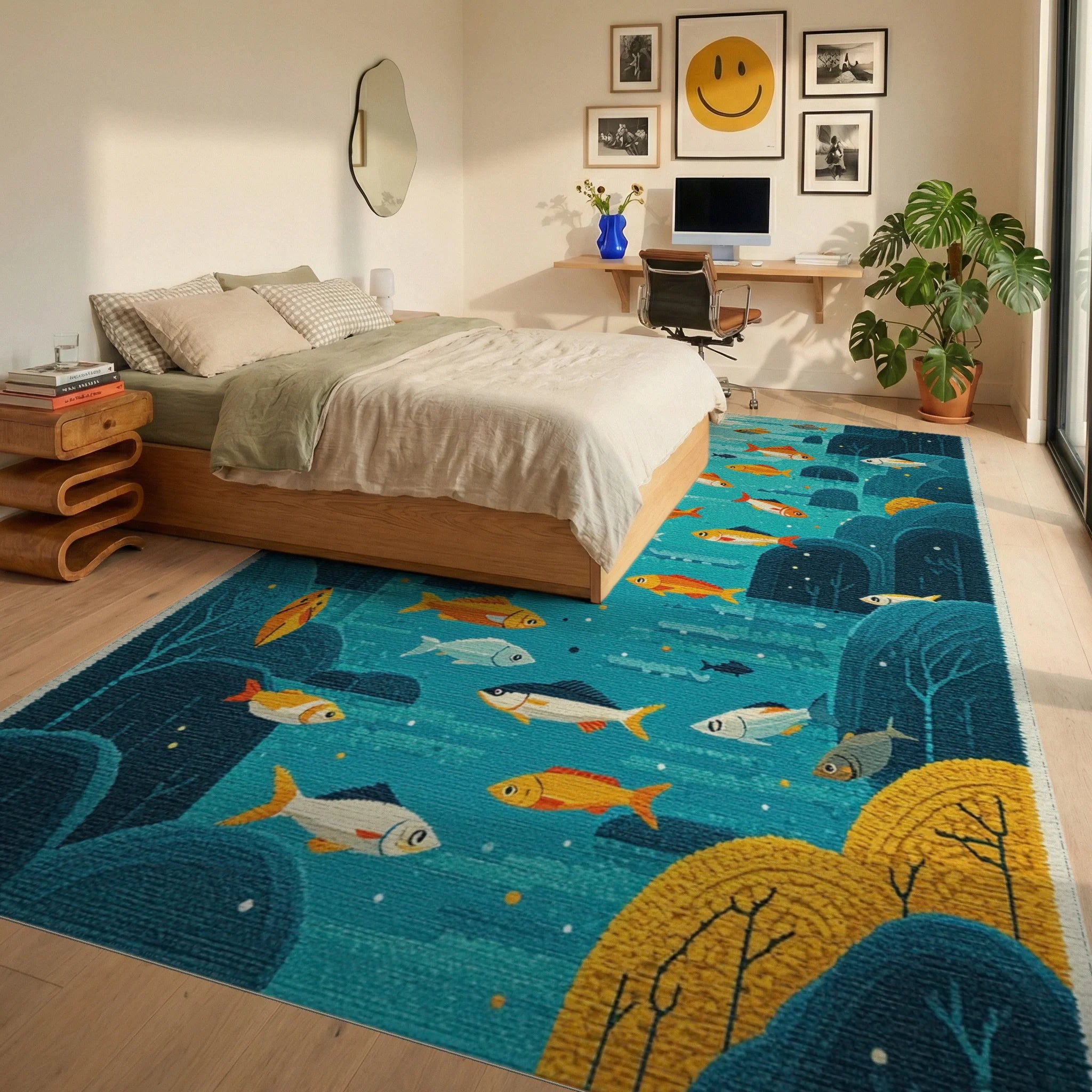 Oceanic Midwater Schooling Fish Rug - Bedroom View