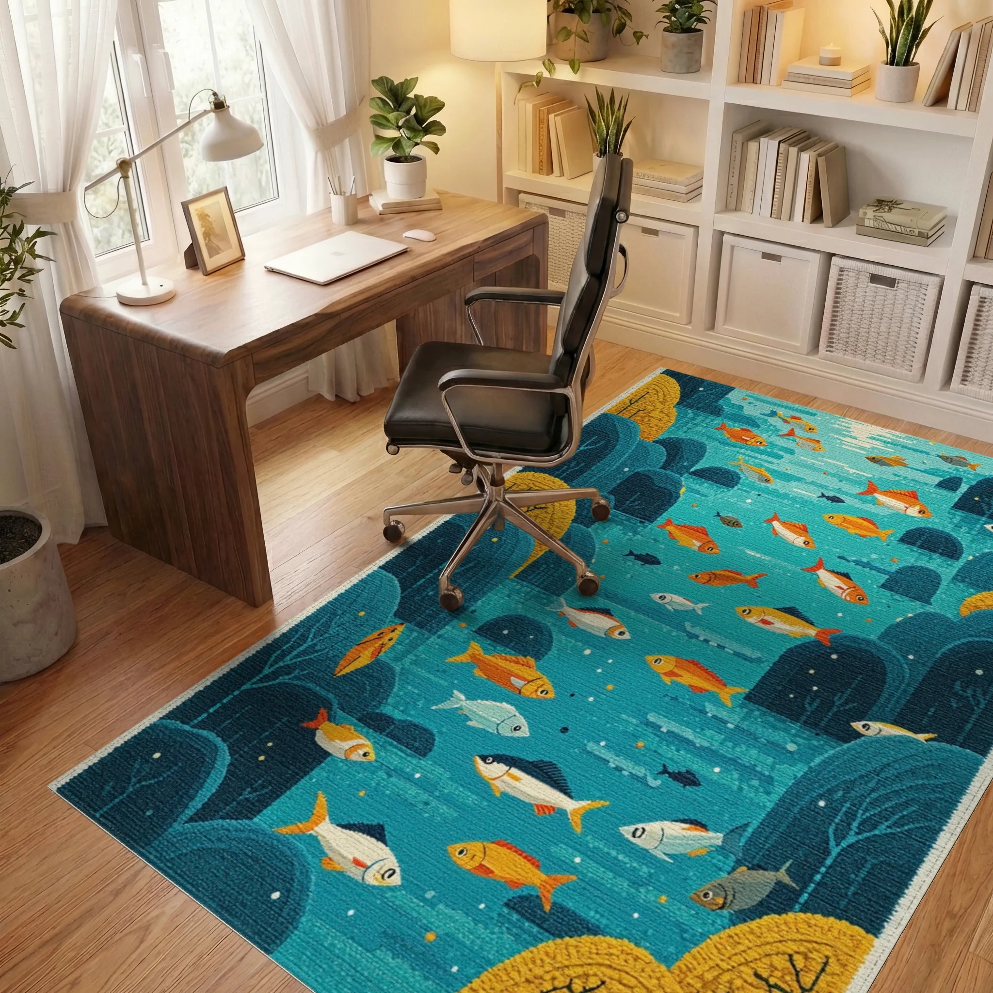 Oceanic Midwater Schooling Fish Rug - Office View