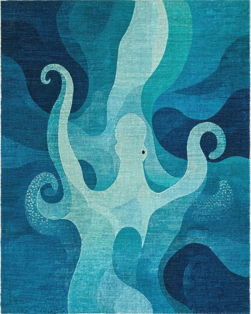 Oceanic Octopus Blue Swirl Rug - Cutout View