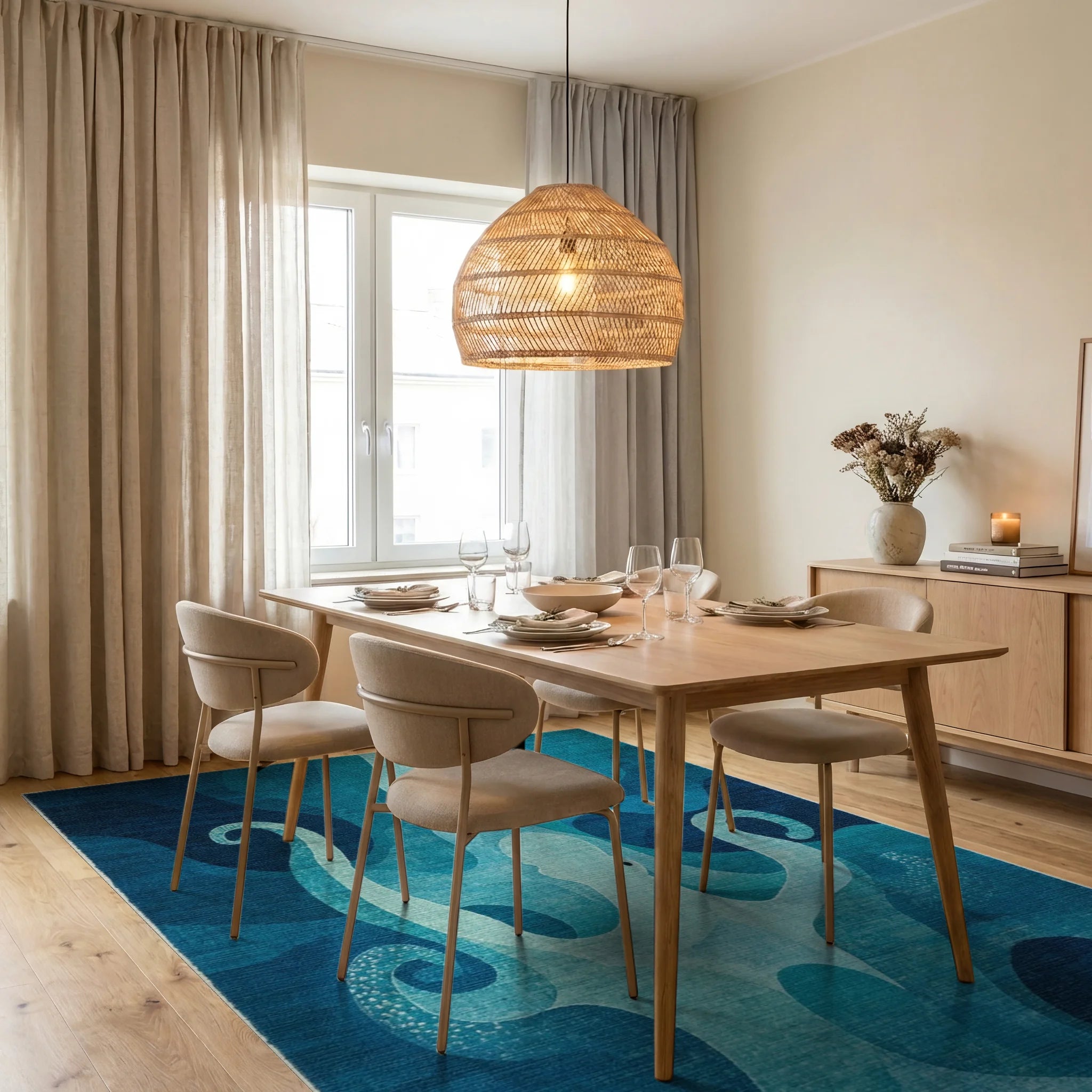 Oceanic Octopus Blue Swirl Rug - Dining Room View