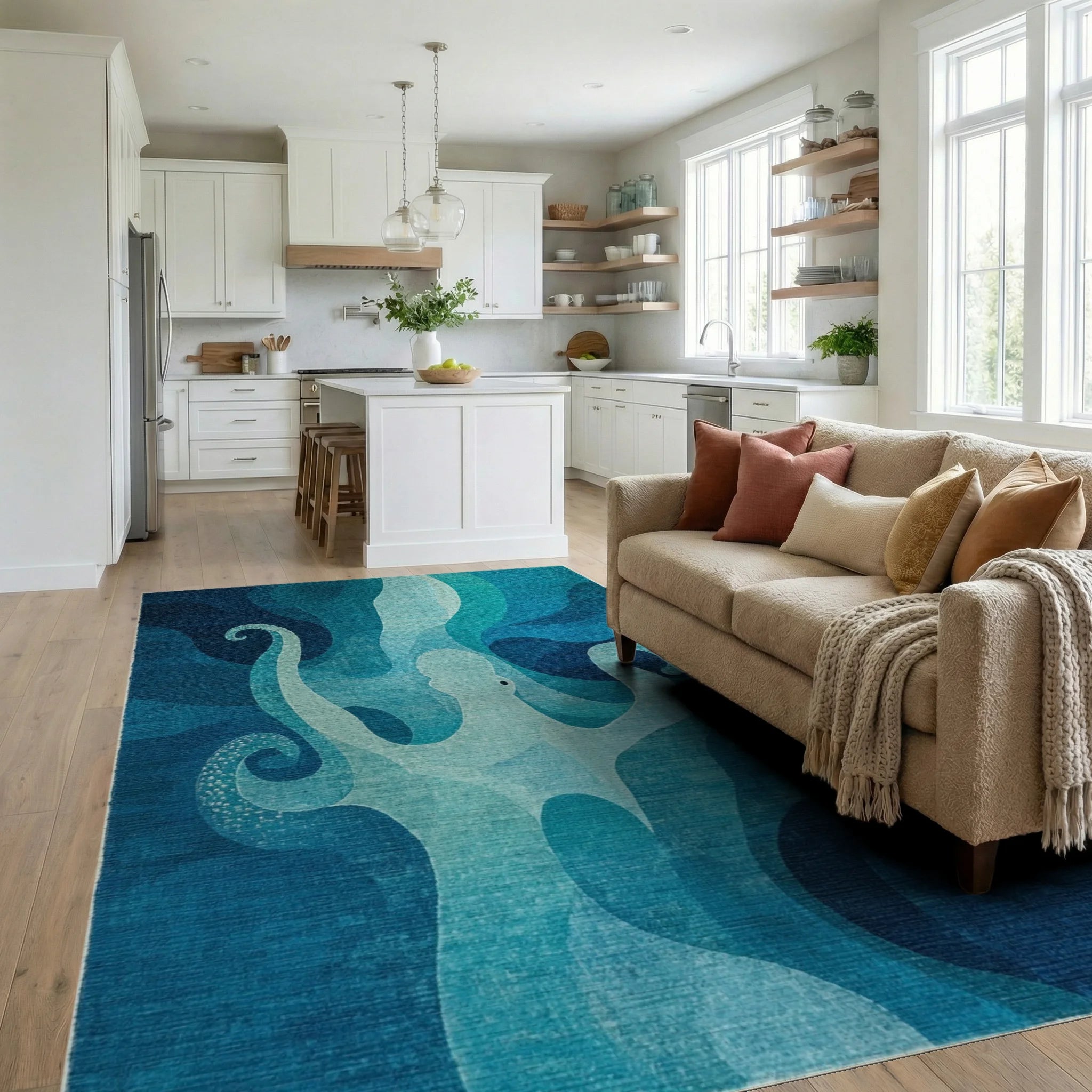 Oceanic Octopus Blue Swirl Rug - Living Room View