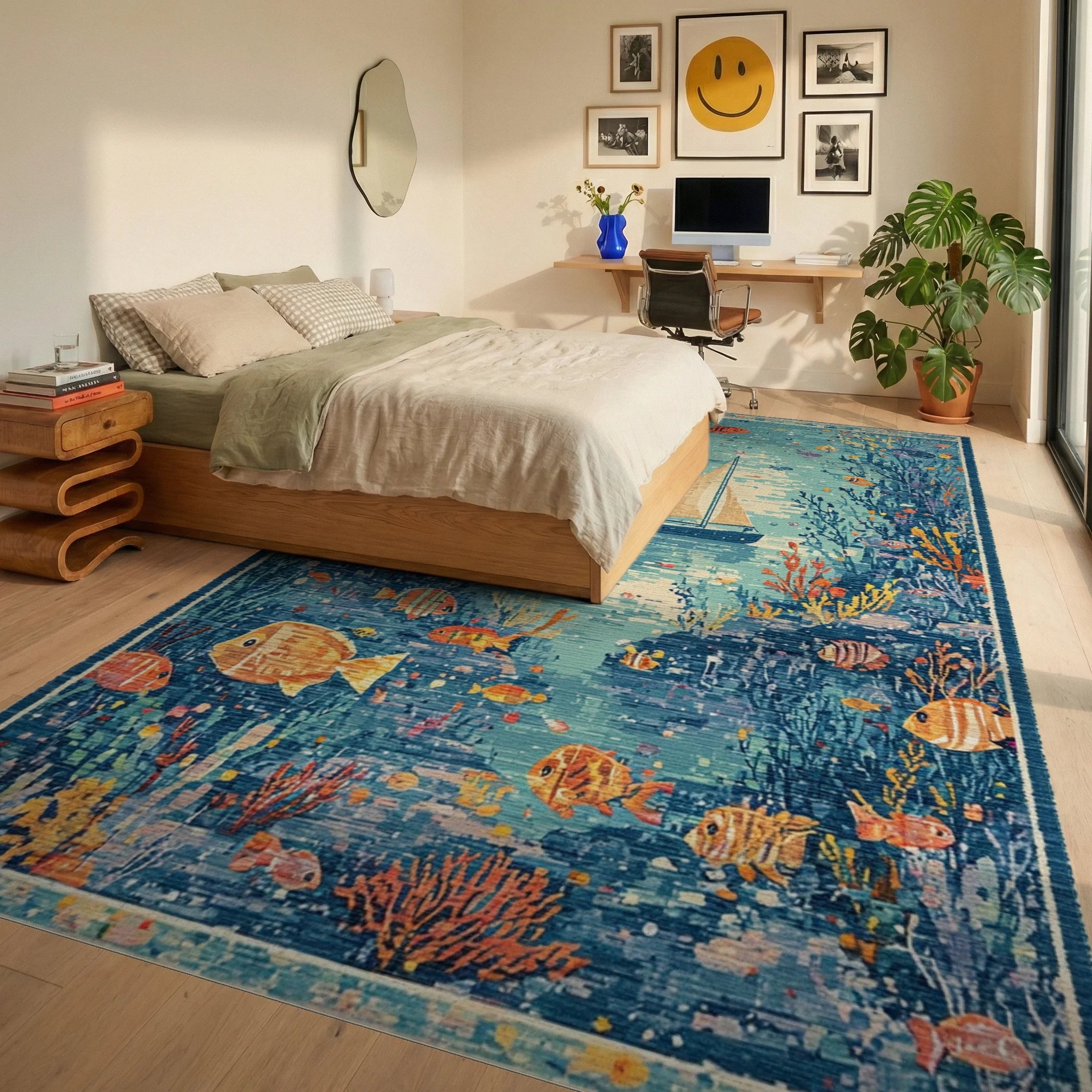 Oceanic Sailboat Coral Fish Collage Rug - Bedroom View