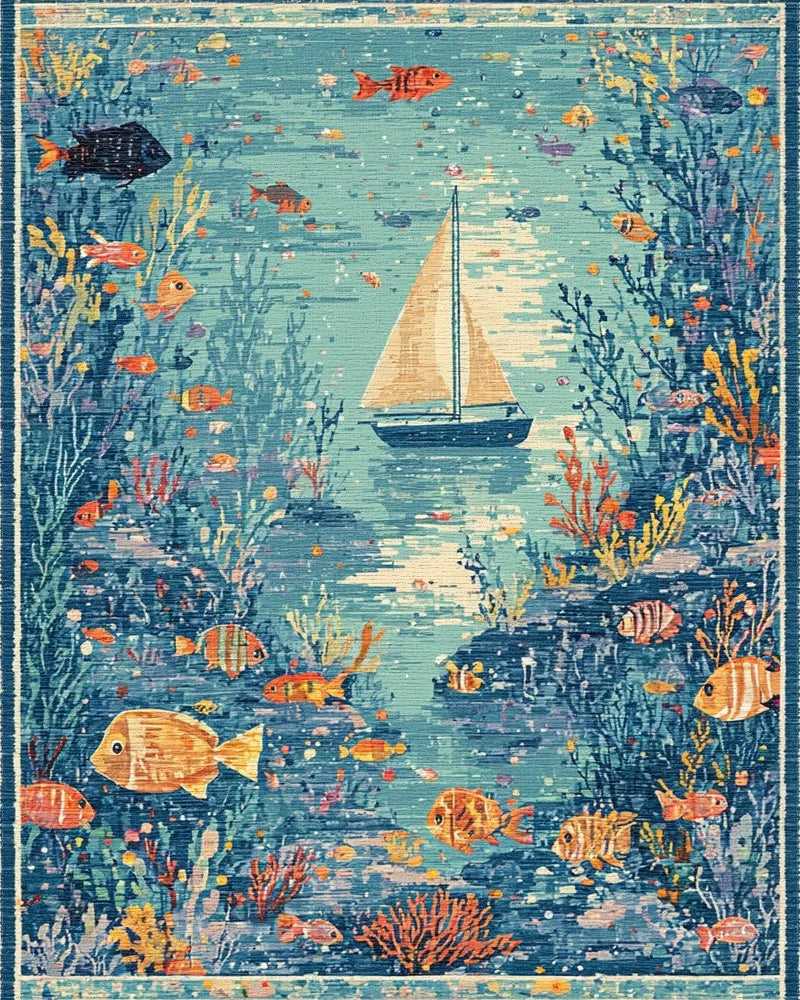 Oceanic Sailboat Coral Fish Collage Rug - Cutout View
