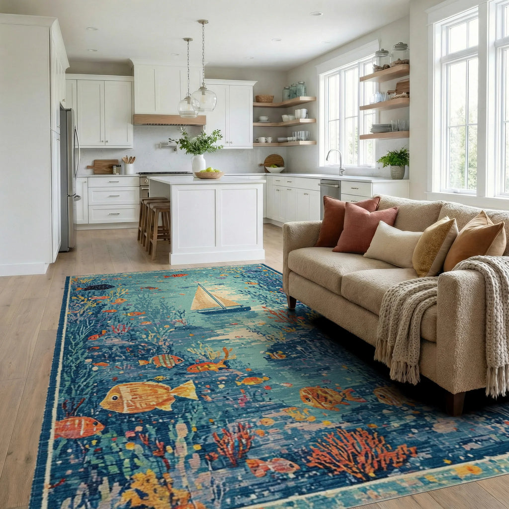 Oceanic Sailboat Coral Fish Collage Rug - Living Room View