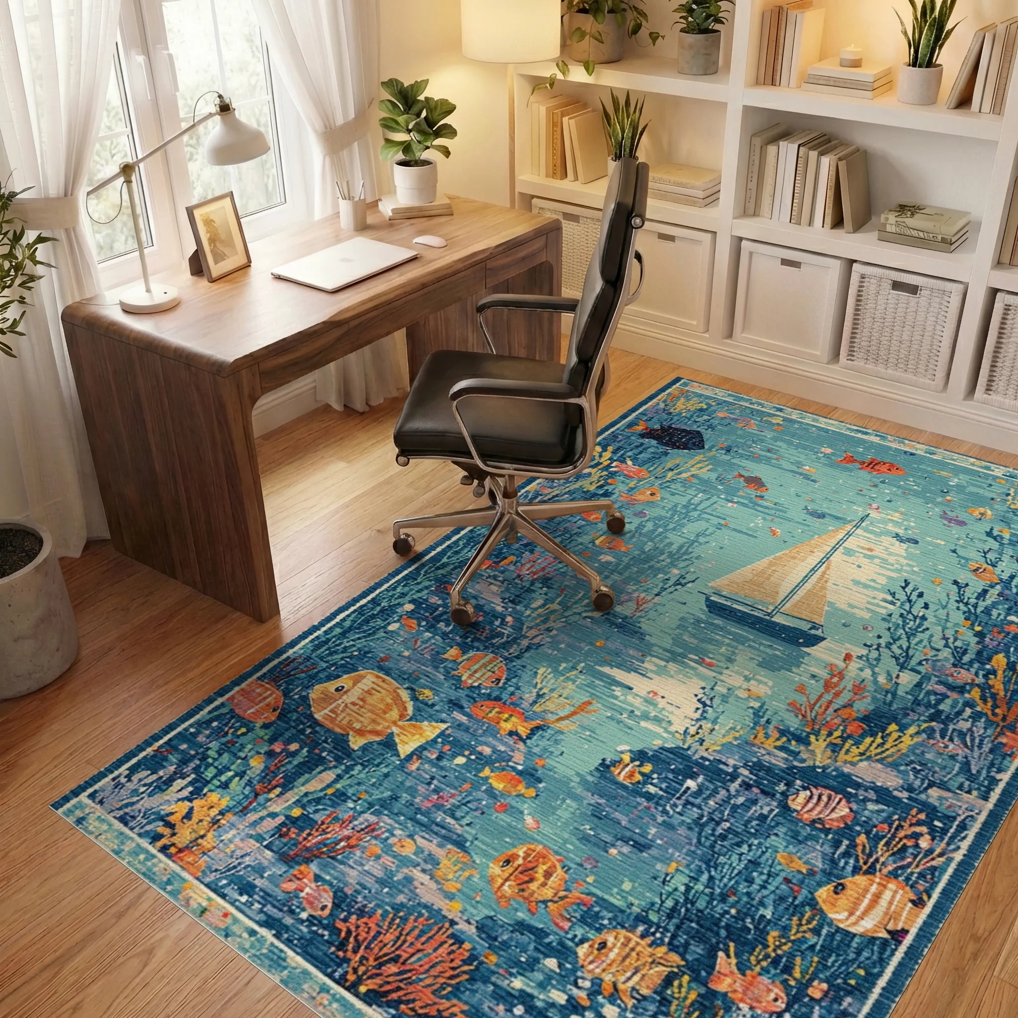 Oceanic Sailboat Coral Fish Collage Rug - Office View