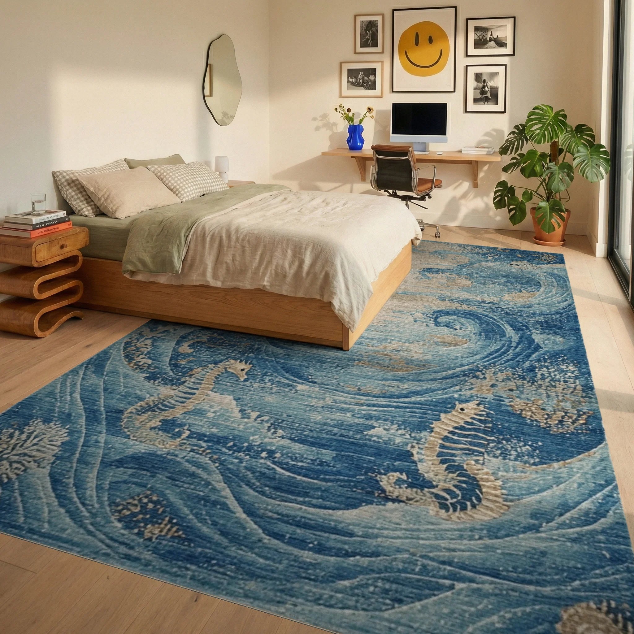 Oceanic Seahorse Wave Abstraction Rug - Bedroom View
