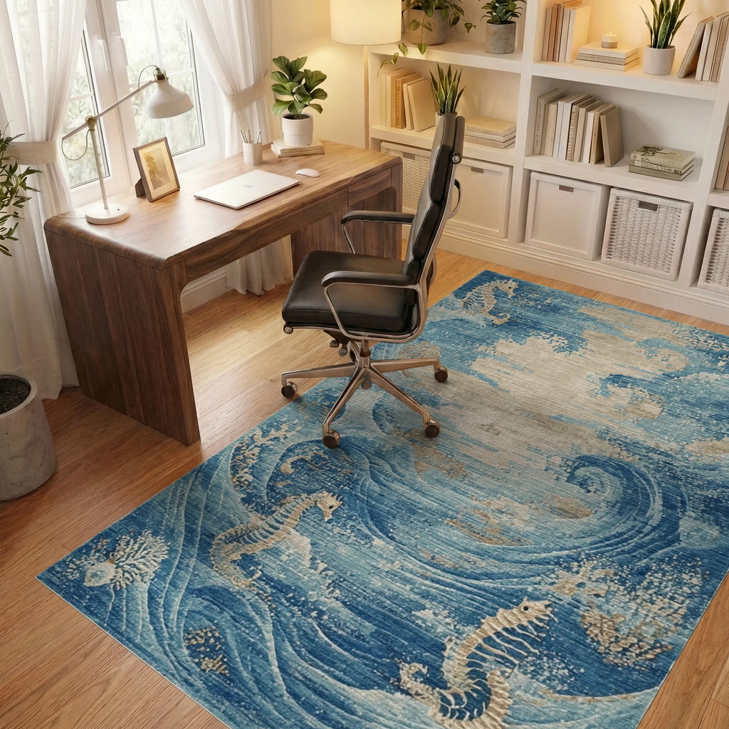 Oceanic Seahorse Wave Abstraction Rug - Office View