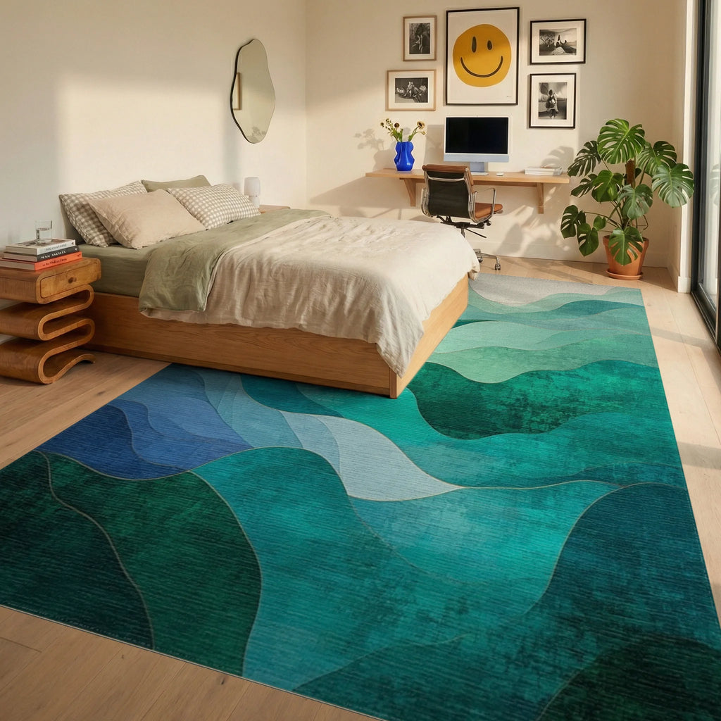Oceanic Wave Abstract Landscape Rug - Bedroom View