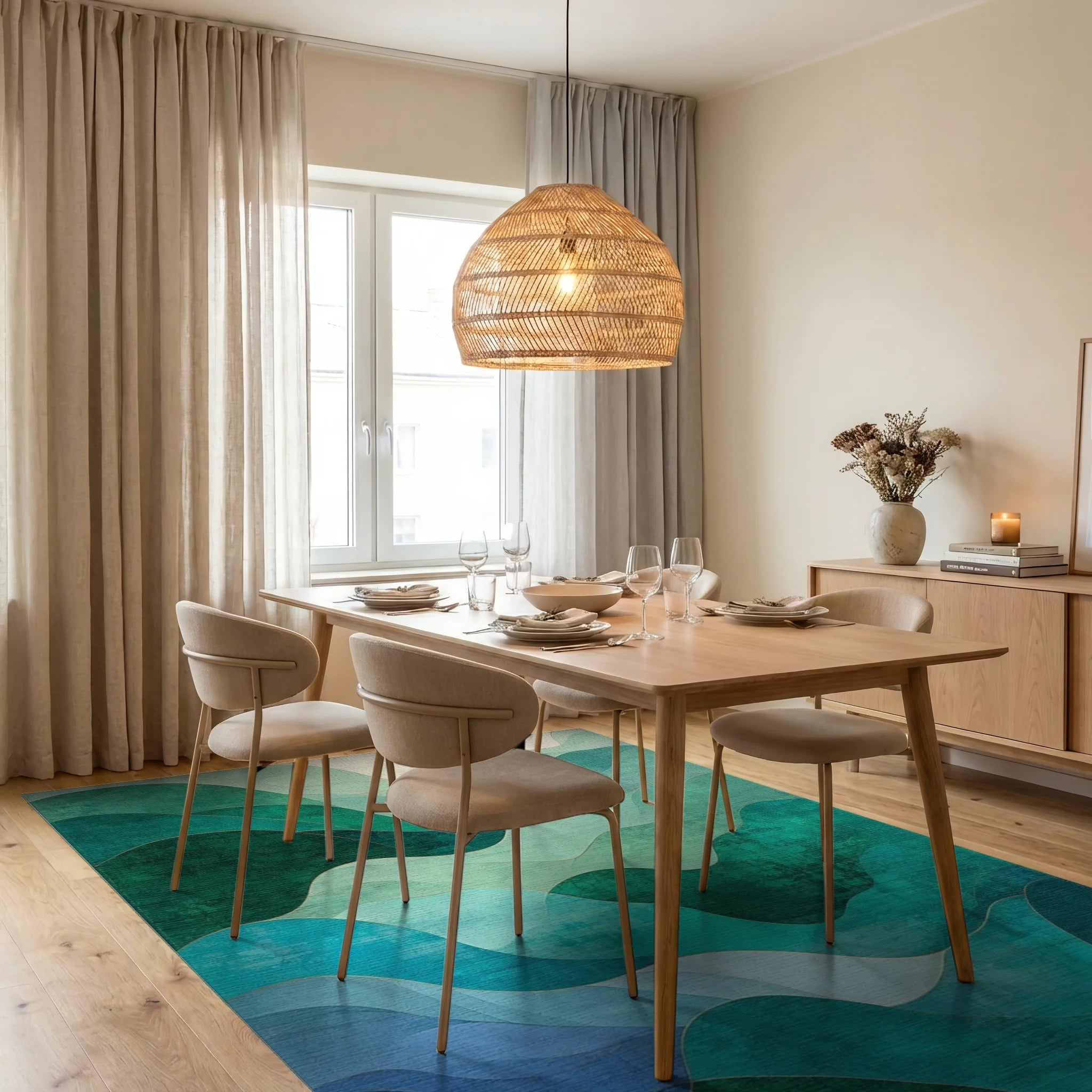 Oceanic Wave Abstract Landscape Rug - Dining Room View