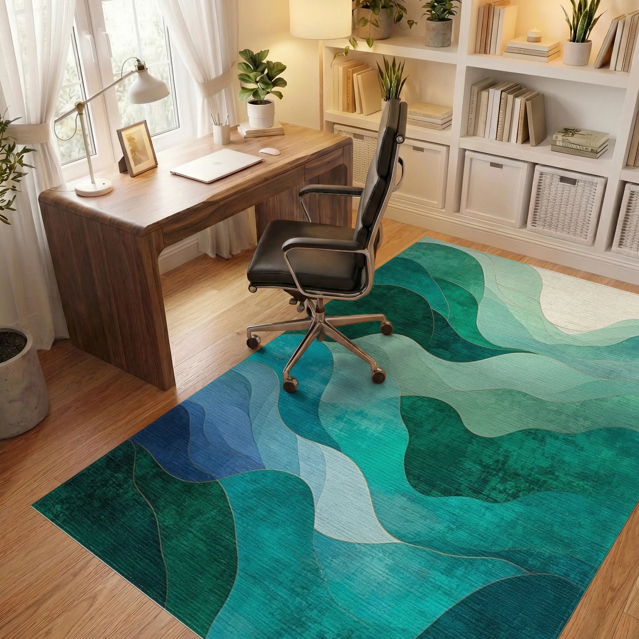 Oceanic Wave Abstract Landscape Rug - Office View