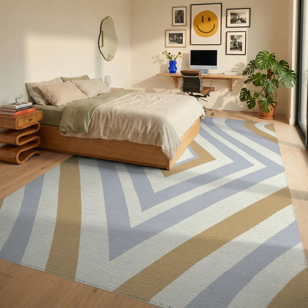Ochre Blue White Diamond Stripe Rug Bedroom View