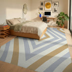 Ochre Blue White Diamond Stripe Rug Bedroom View