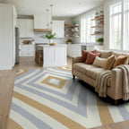 Ochre Blue White Diamond Stripe Rug Living Room View