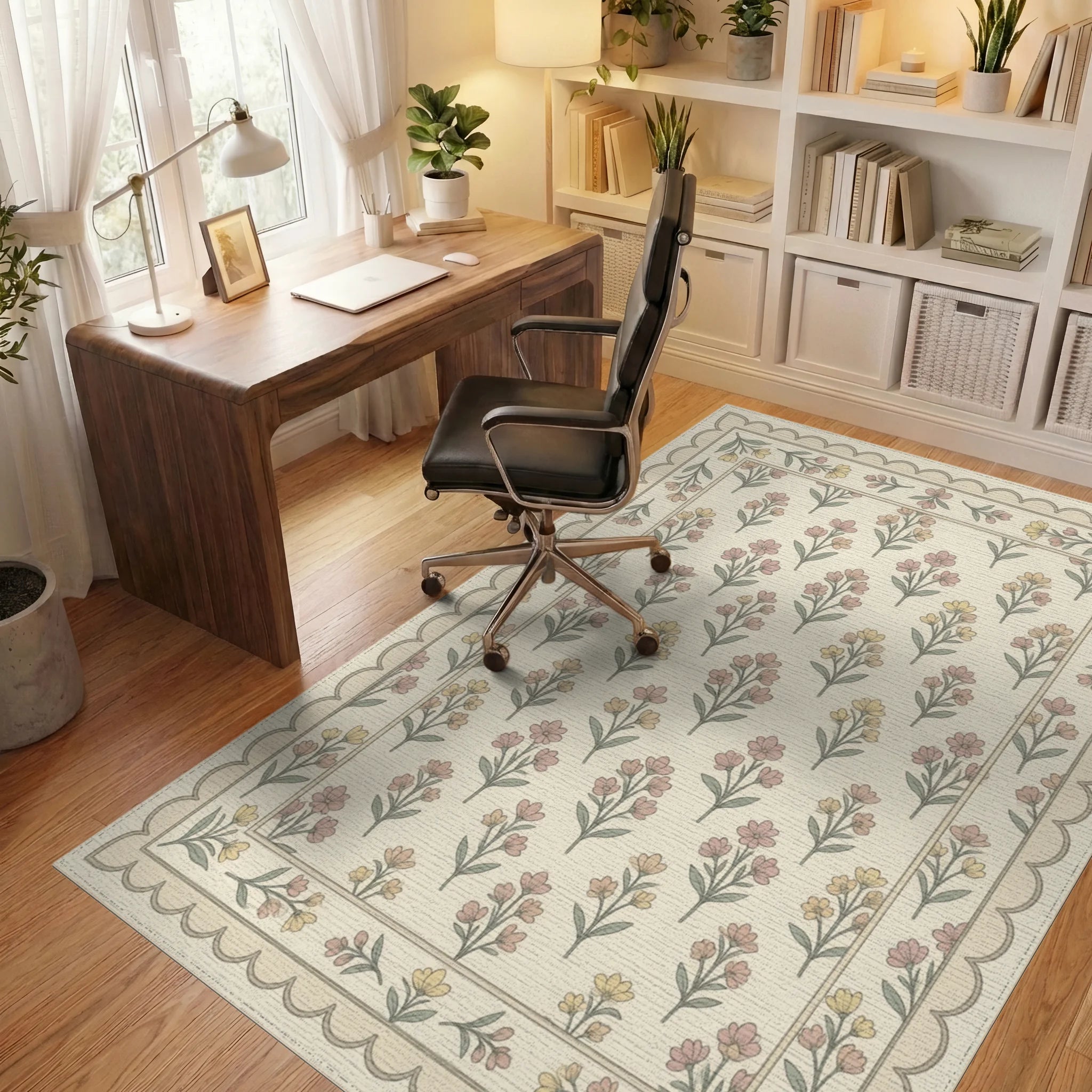 Traditional Cream Green Rug - office