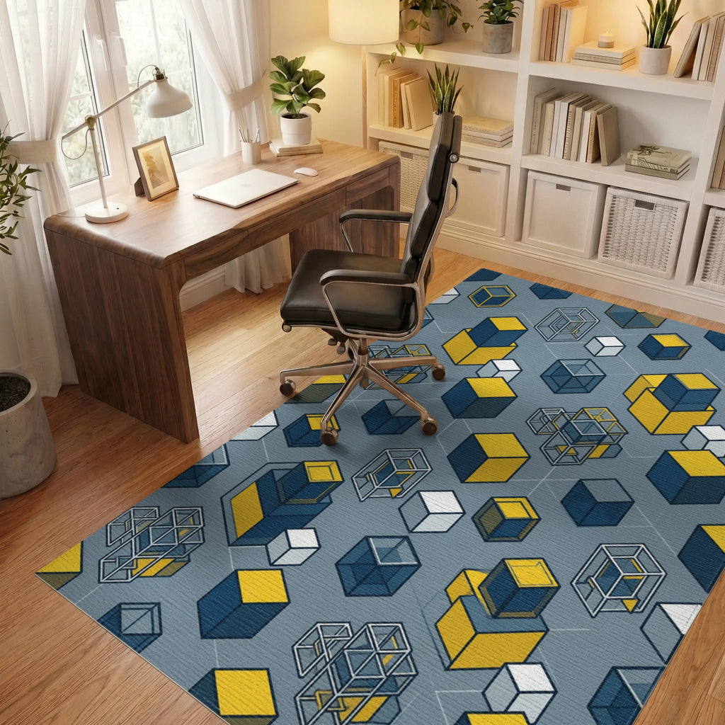 Minimalist Geometric Navy Yellow Grid Rug - office