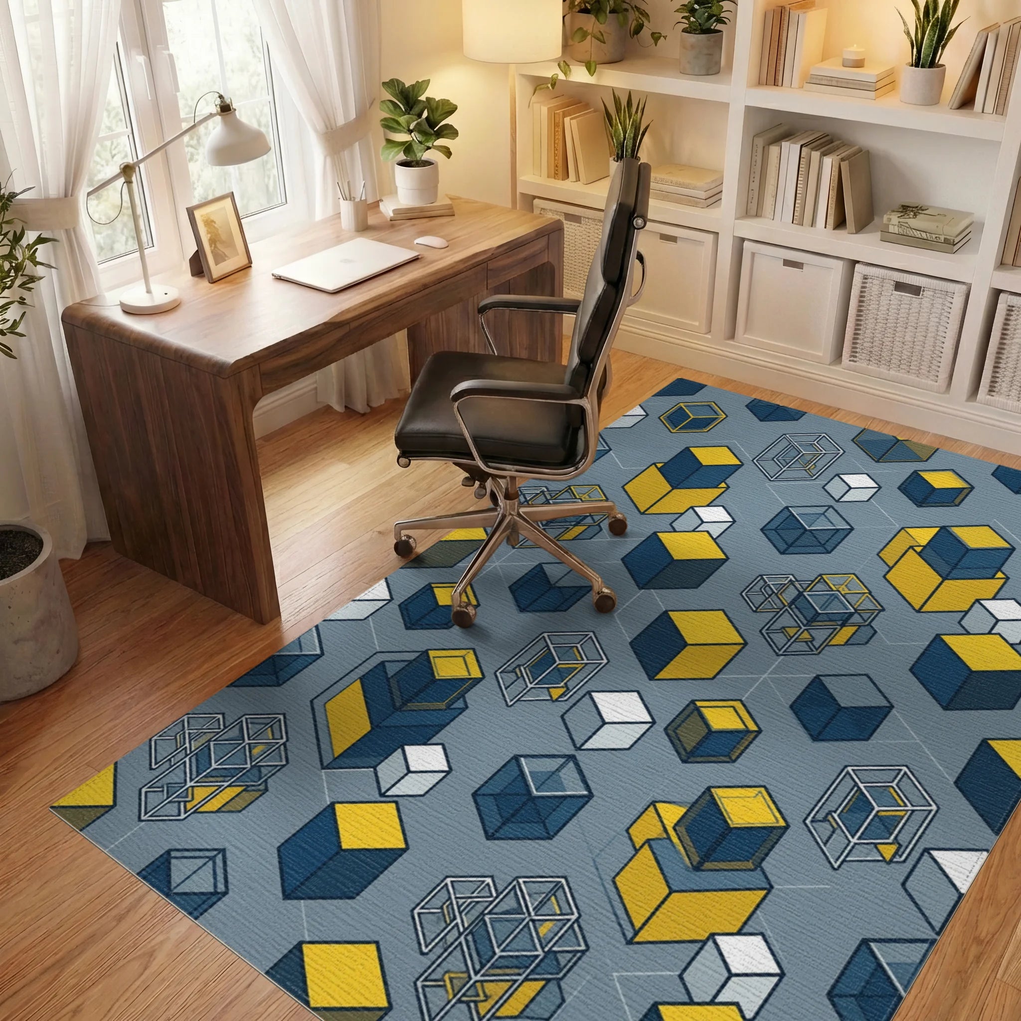 Minimalist Geometric Navy Yellow Grid Rug - office
