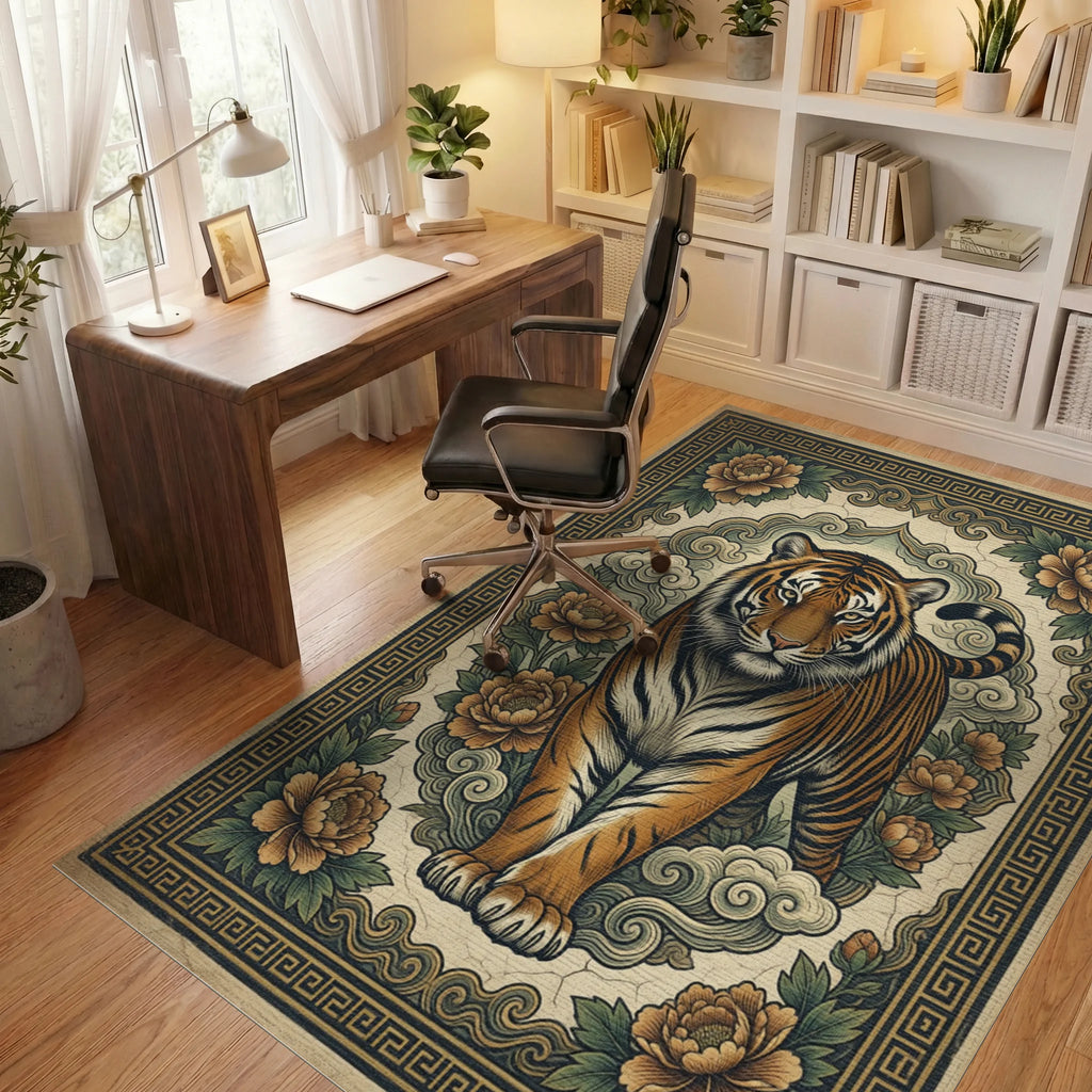 Tiger Peony Woodblock Print Area Rug - office