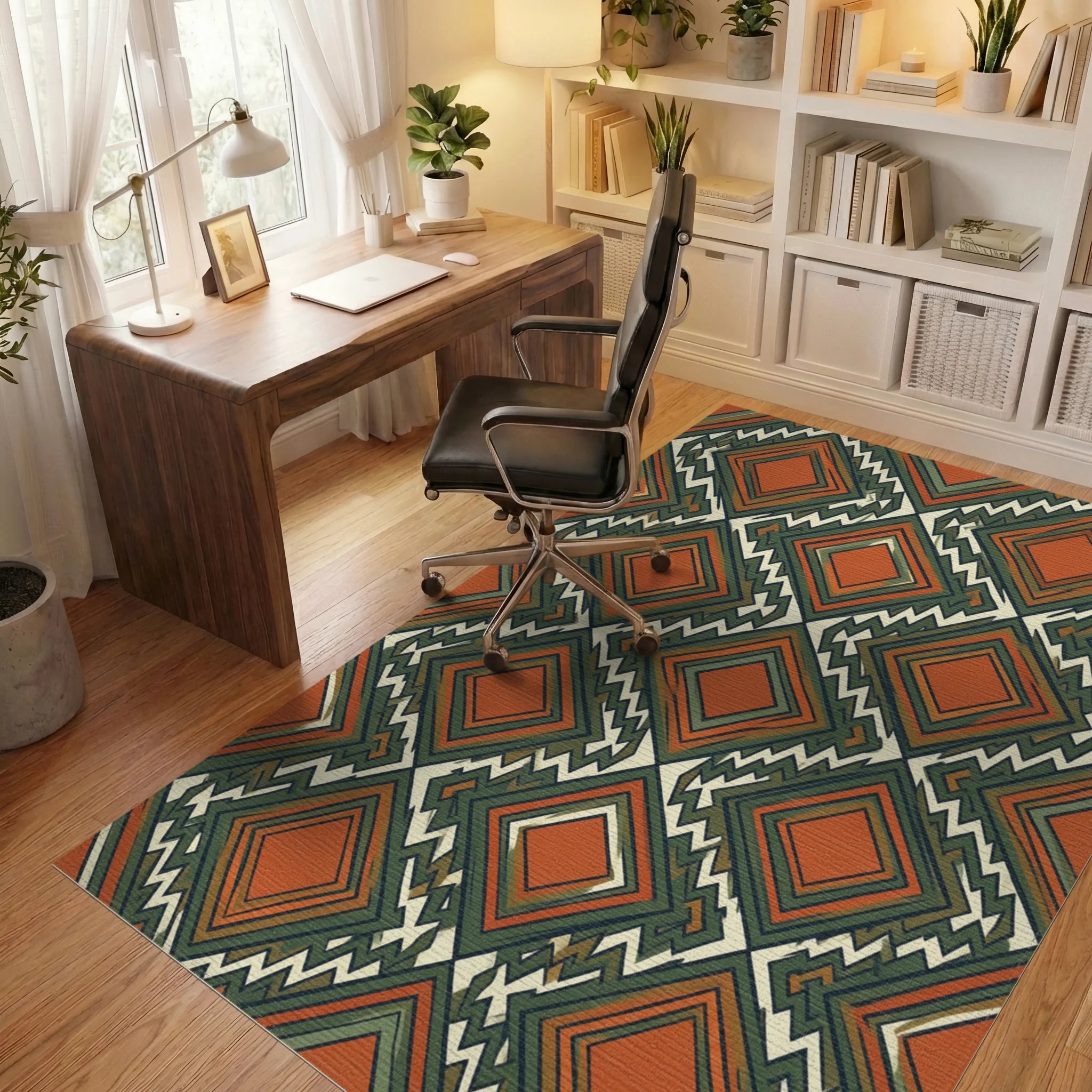 Orange Green White Rug - office