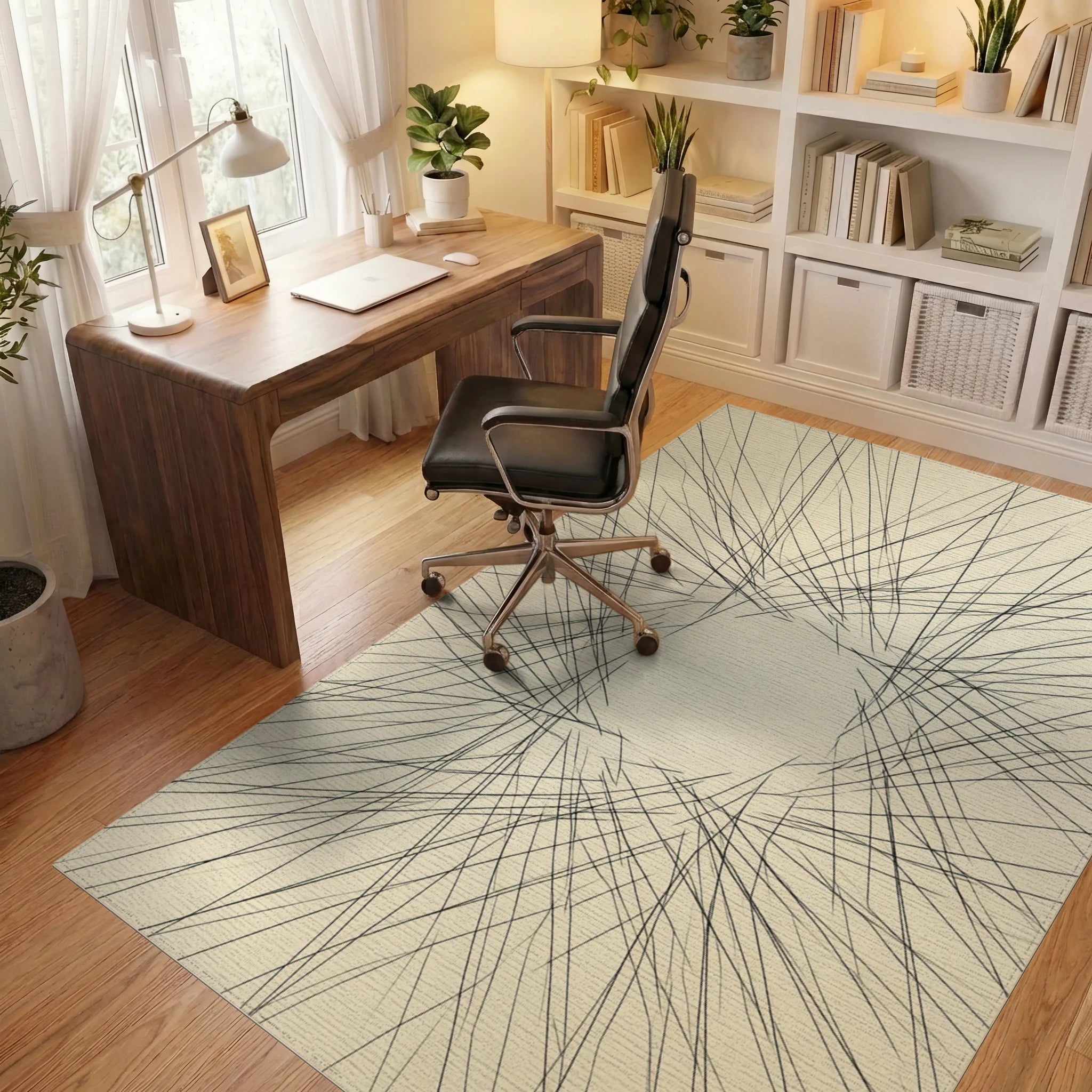 Minimalist Linear Cream and Black Rug - office