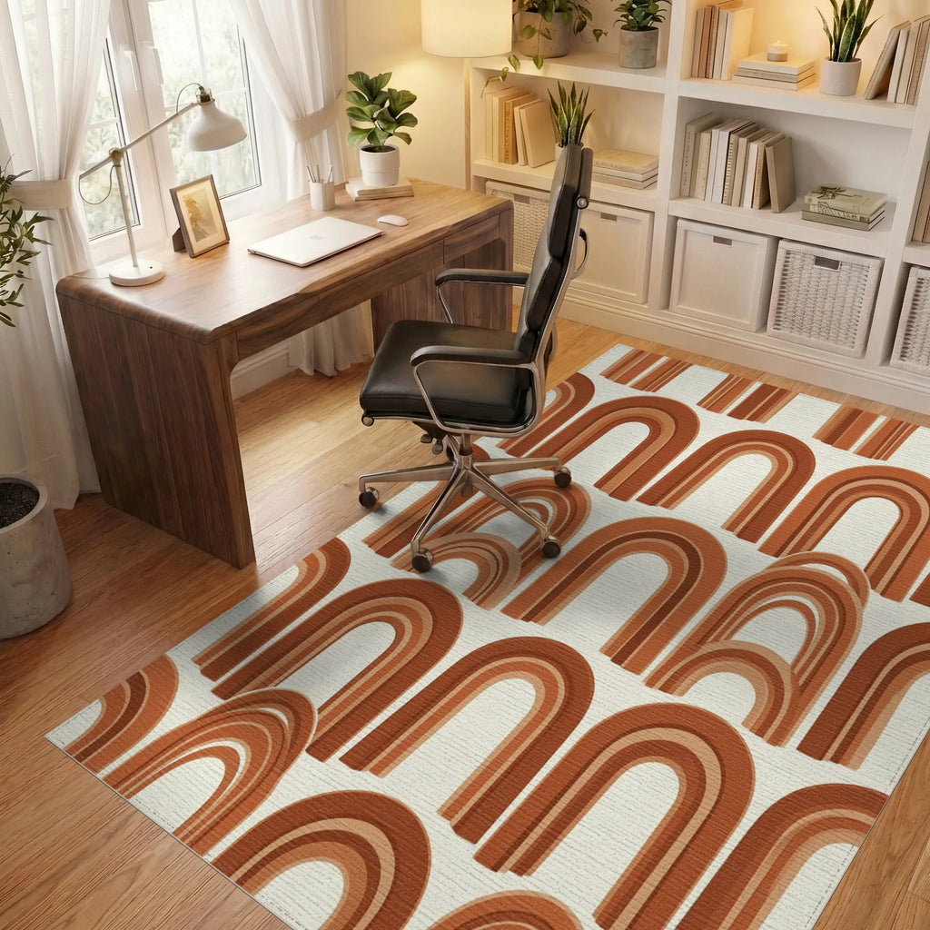 Terracotta Abstract Arch Boho Rug - office