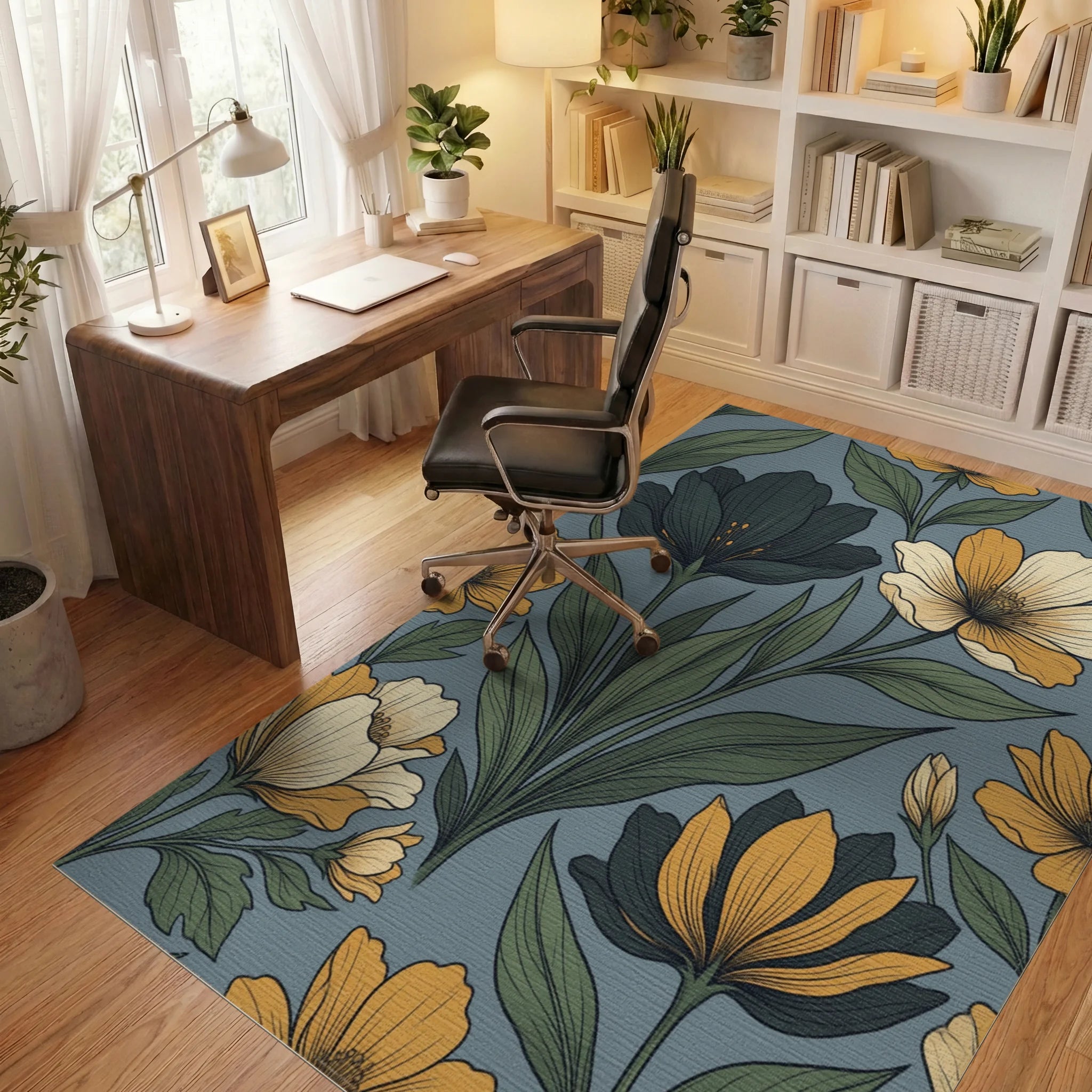 Minimalist Botanical Slate Blue Area Rug - office