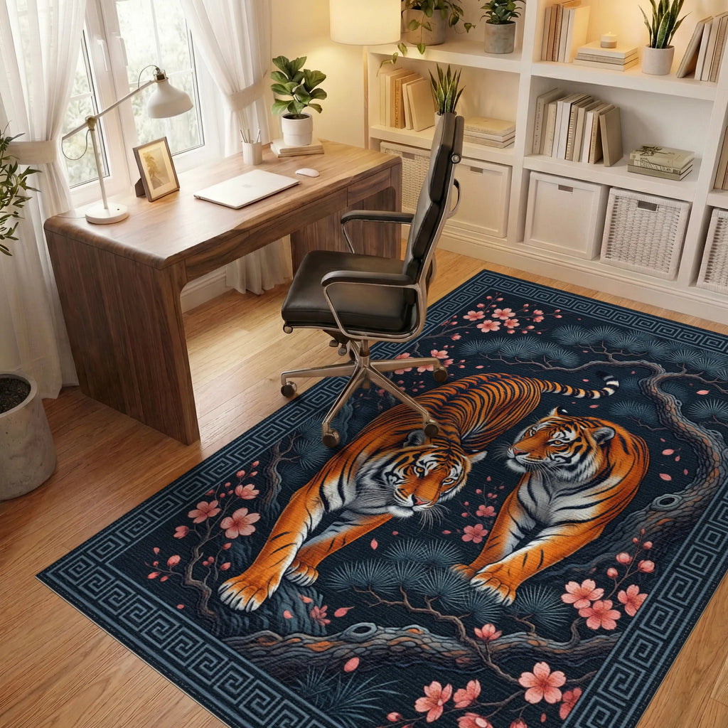 Tiger And Blossom Charcoal Area Rug - office