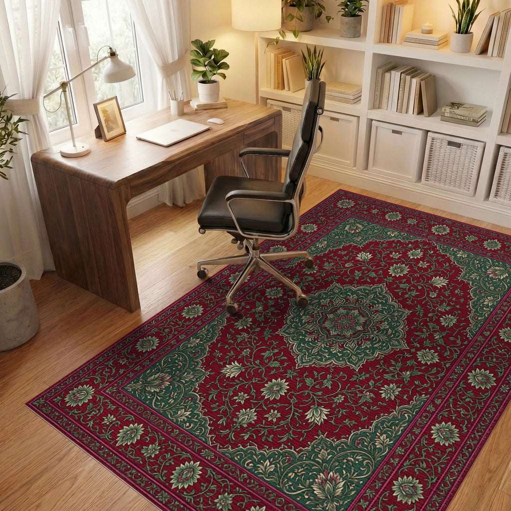 Ornate Medallion Crimson Floral Rug - office