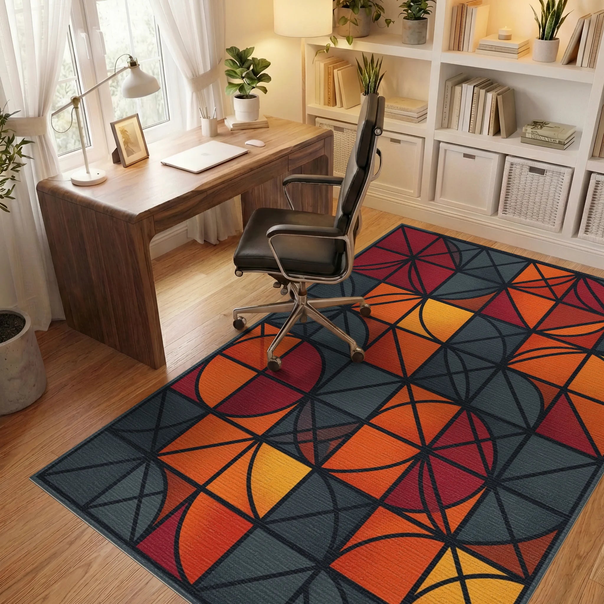 Modern Geometric Crimson And Charcoal Rug - office