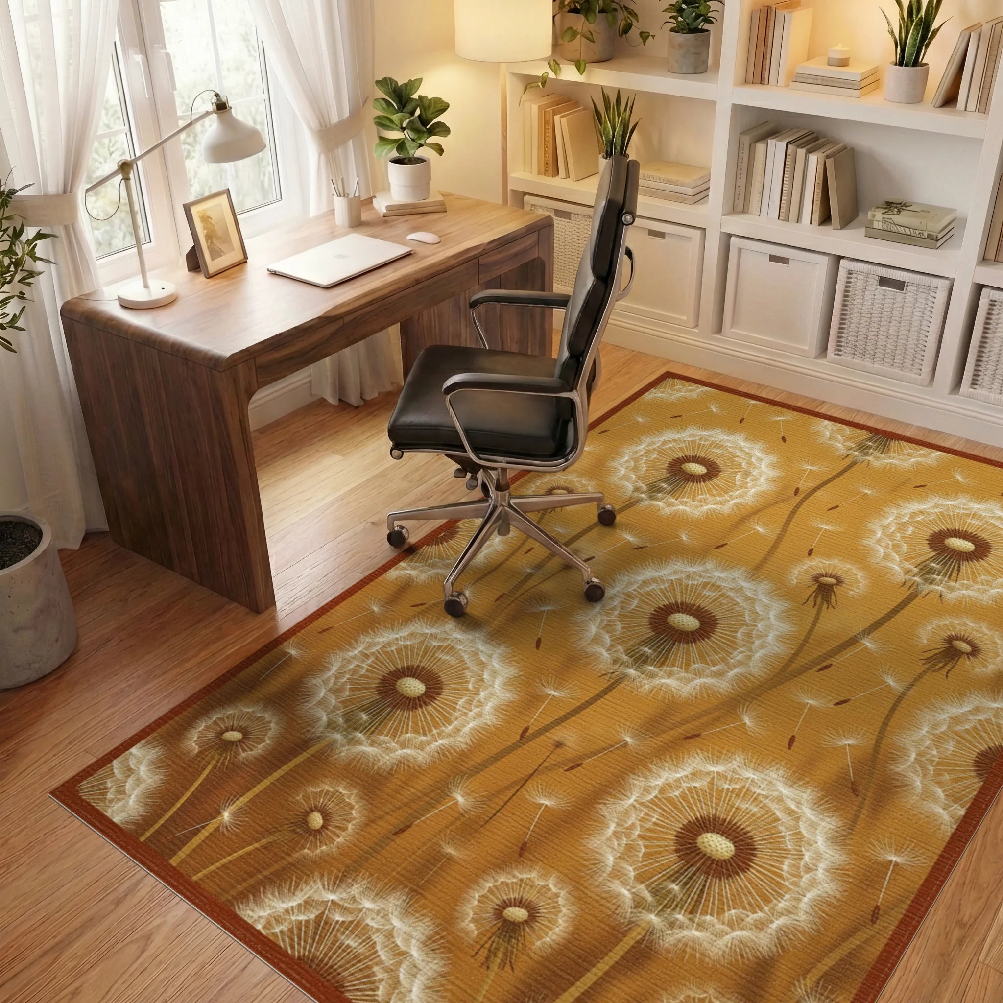 Golden Ochre Dandelion Floral Rug - office