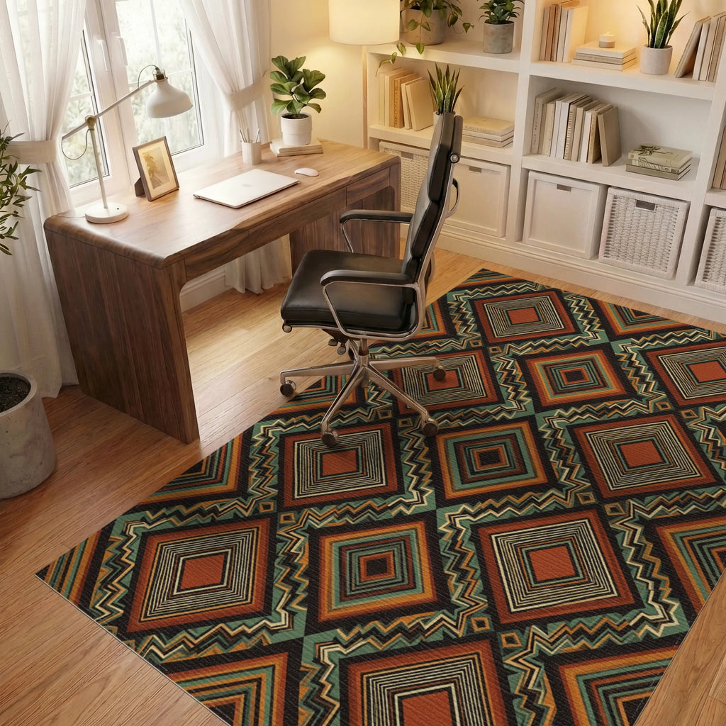 Green Brown Geometric Rug - office