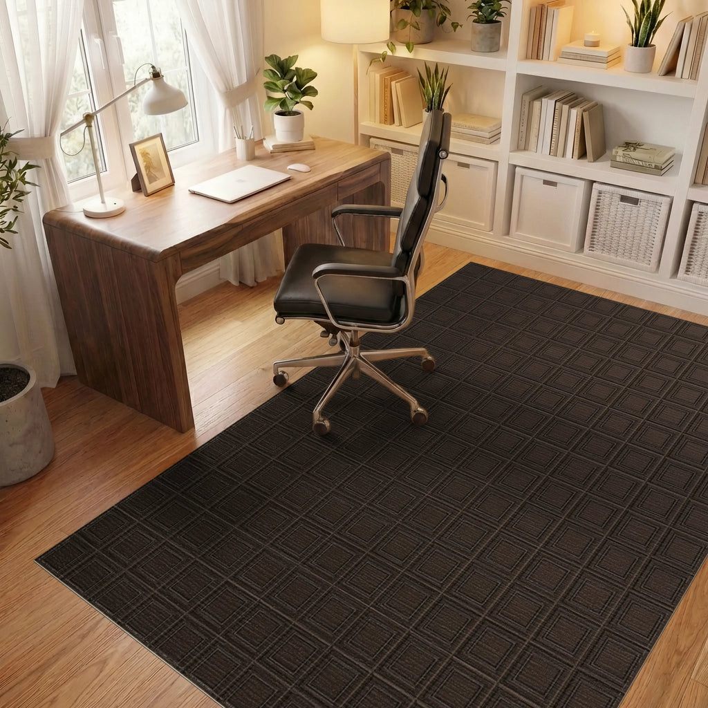 Minimalist Espresso Brown Geometric Grid Rug - office