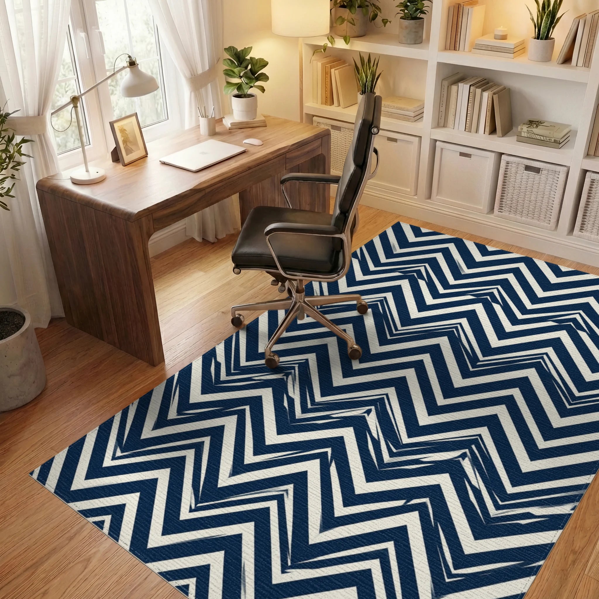 Navy Blue Interlocking Chevron Geometric Rug - office