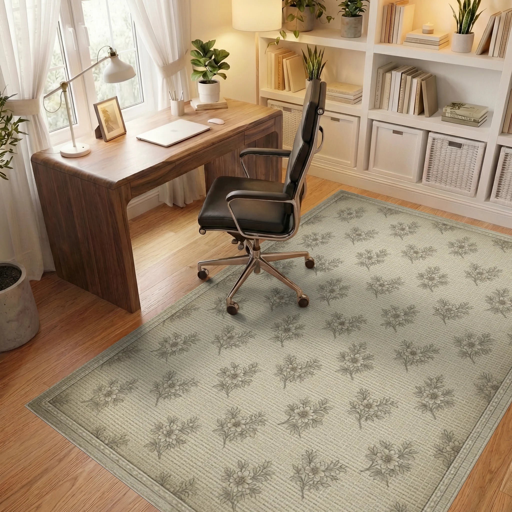 Beige Floral Vintage Rug - office