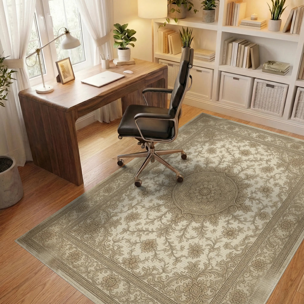 Distressed Terracotta Medallion Beige Rug - office