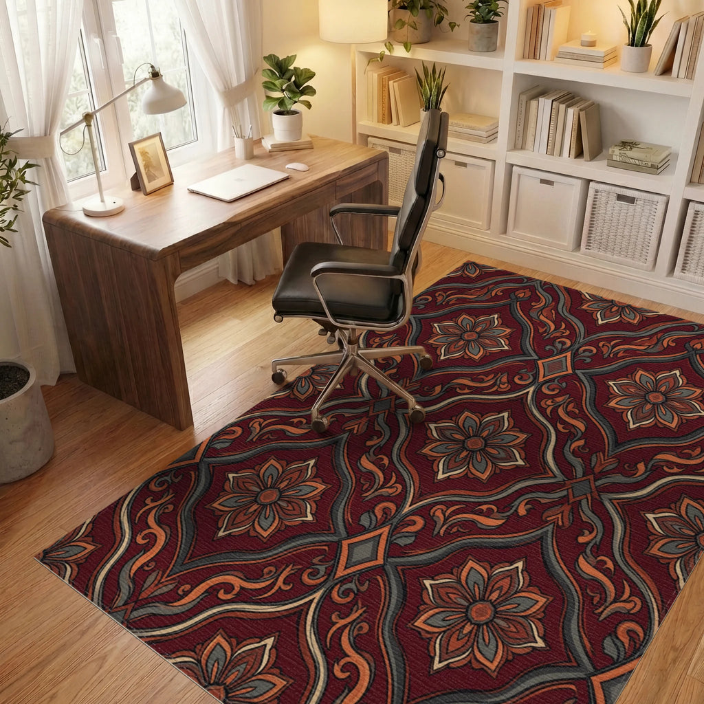 Scarlet Geometric Floral Medallion Rug - office