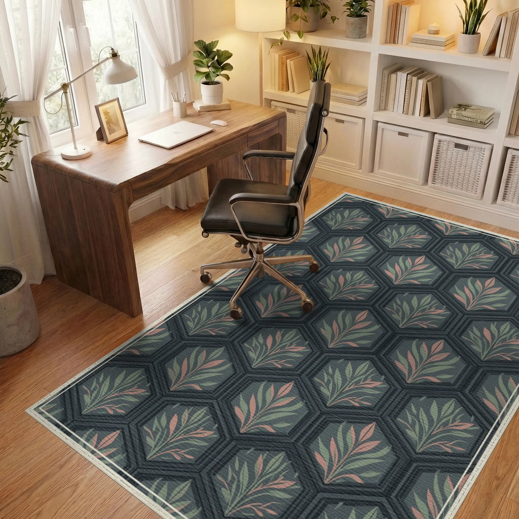 Sage and Charcoal Geometric Hexagon Rug - office