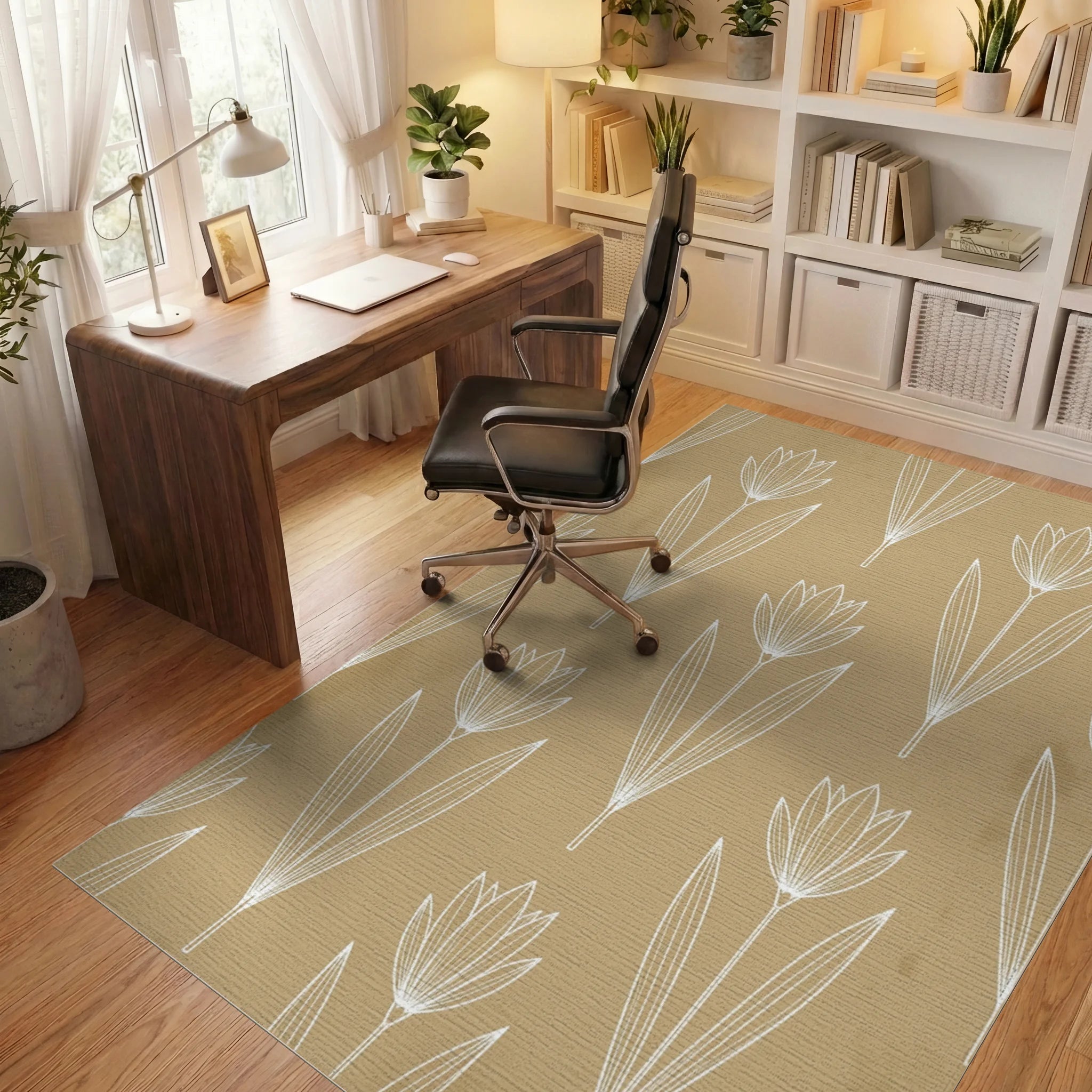 Beige White Floral Rug - office