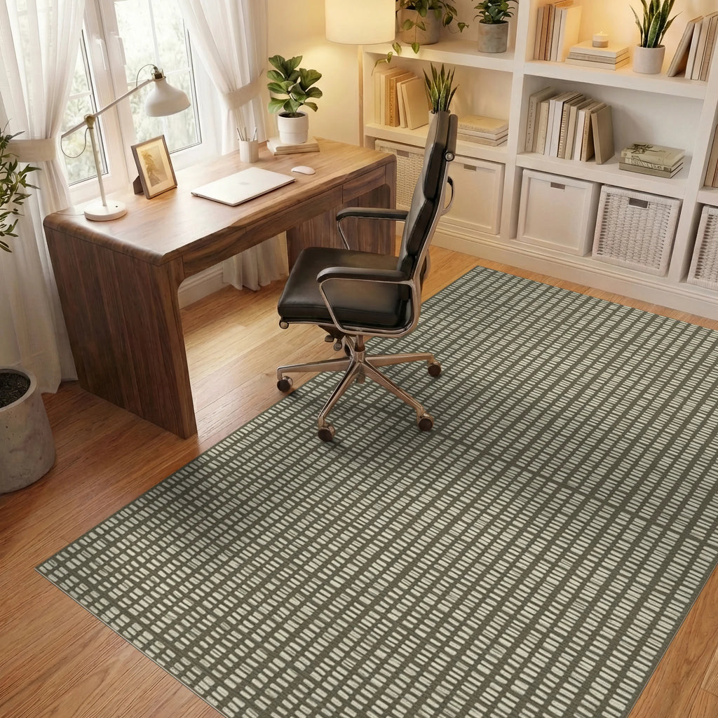 Neutral Grid Textured Linen Rug - office
