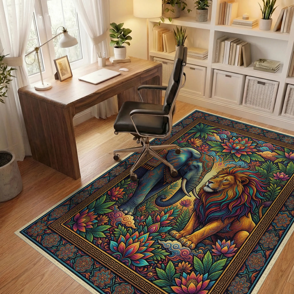 Maximalist Elephant And Lion Cream Rug - office