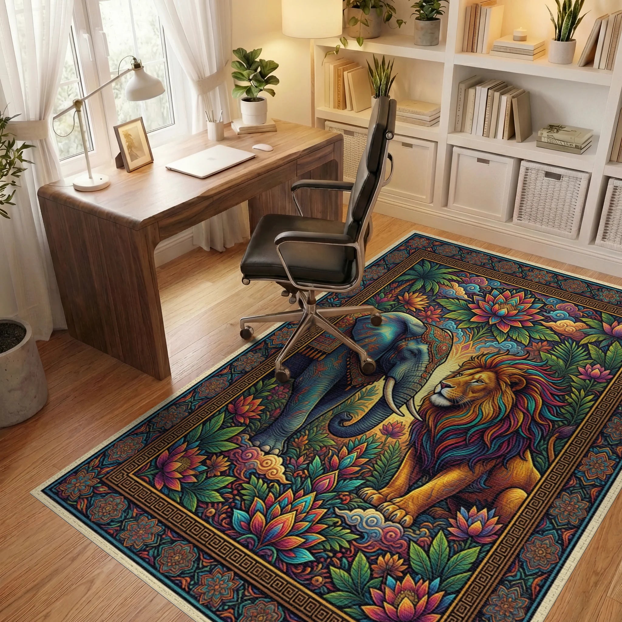 Maximalist Elephant And Lion Cream Rug - office