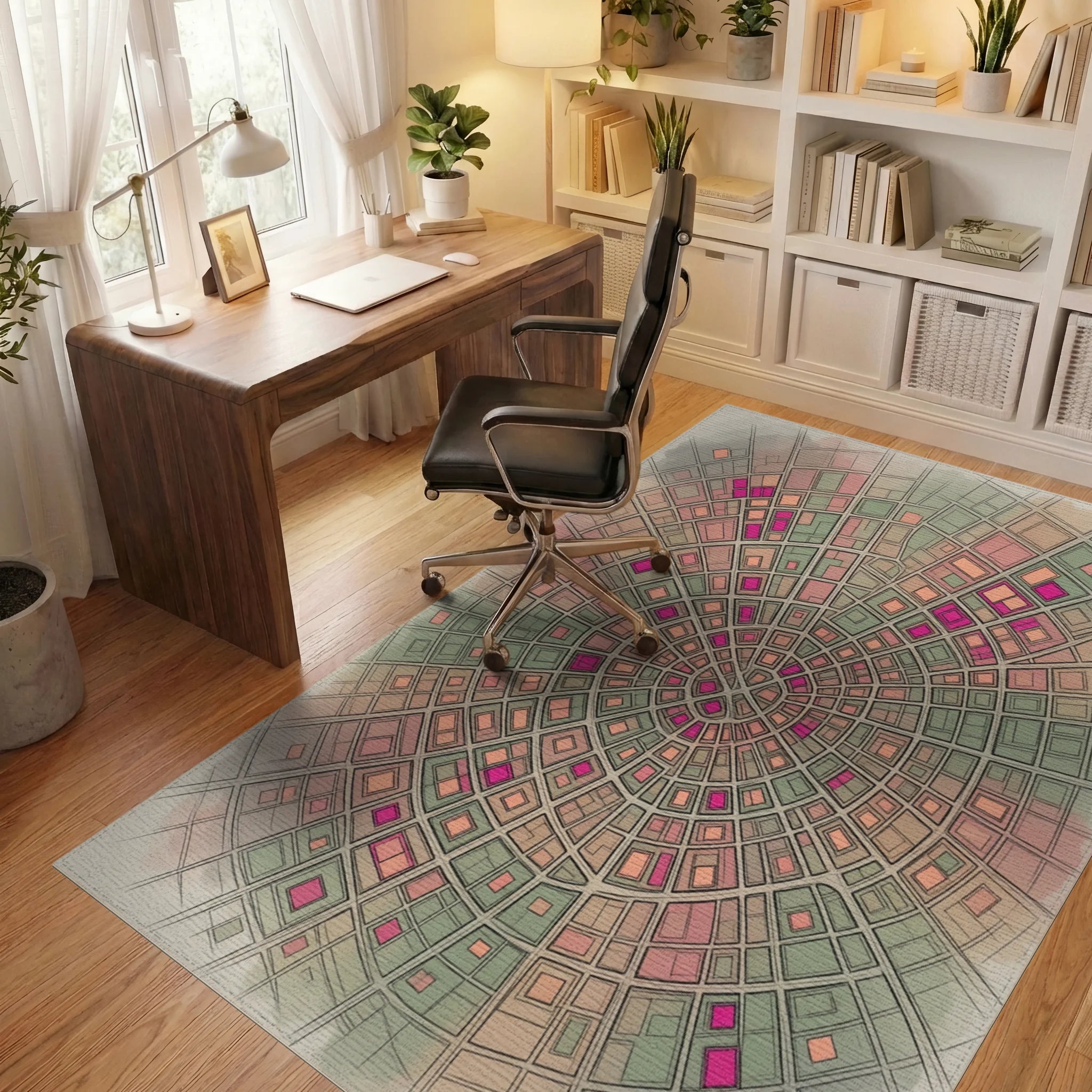 Green Beige Peach Rug - office