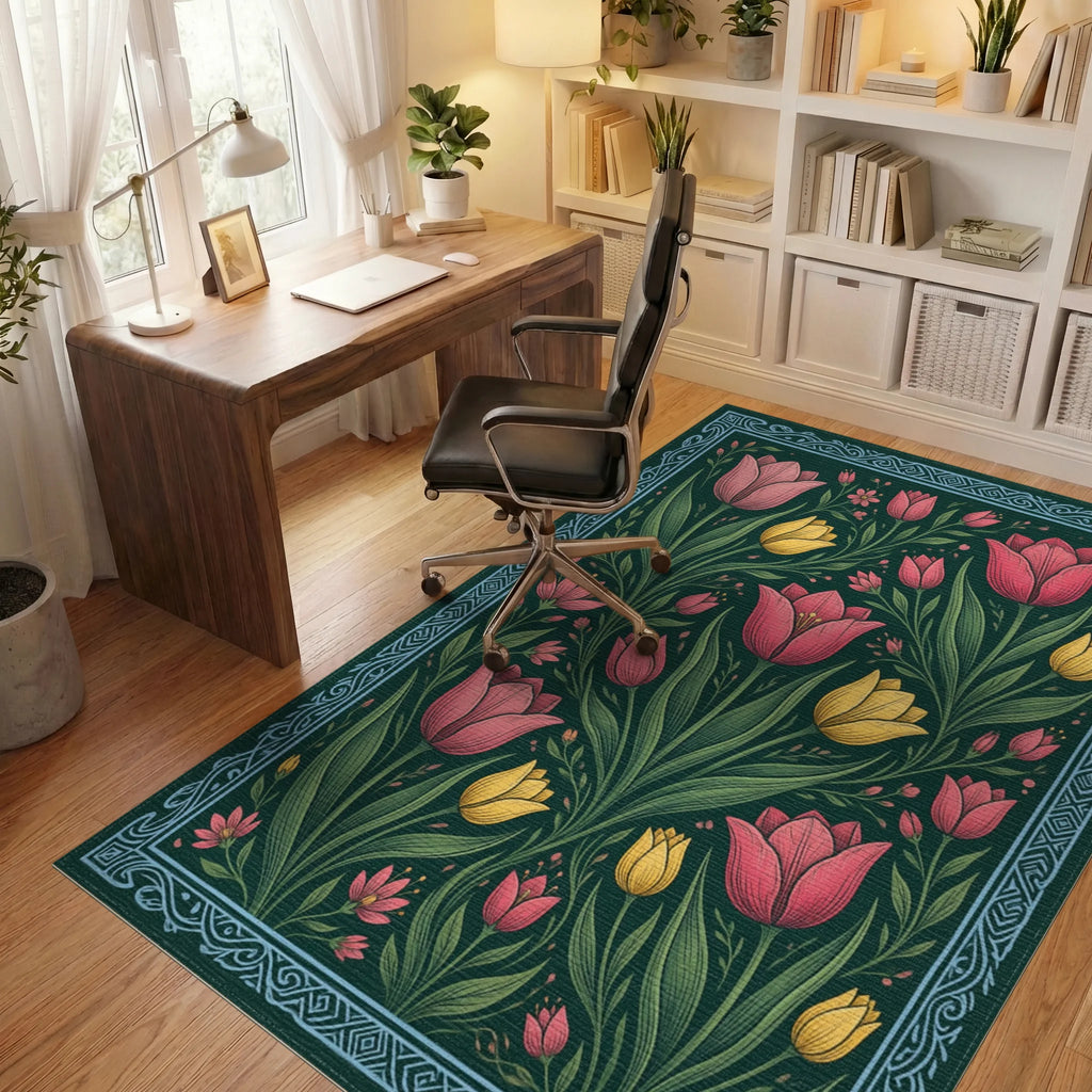 Forest Green Pink Rug - office
