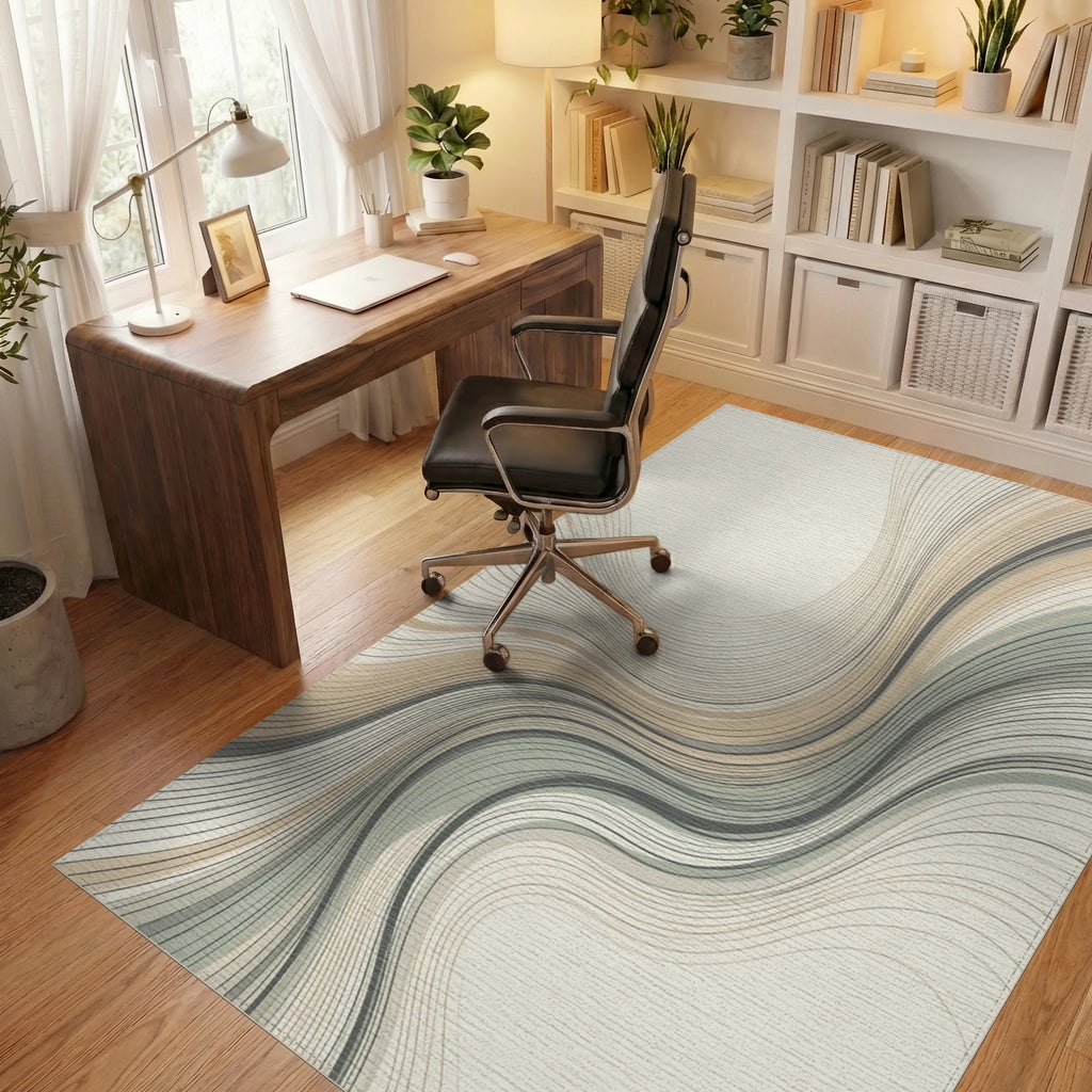 Minimalist Fluid Line Sand Sage Rug - office