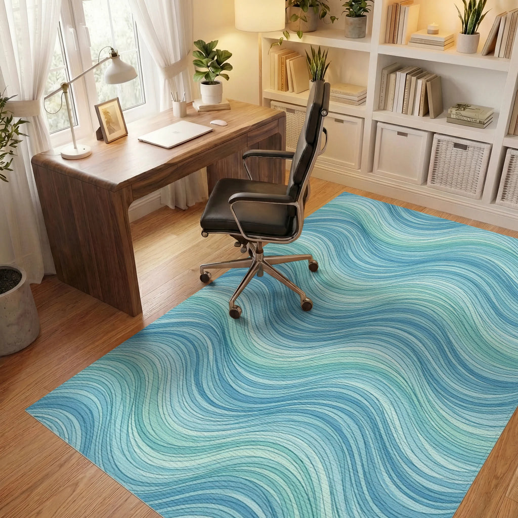 Fluid Coastal Wave Blue Area Rug - office