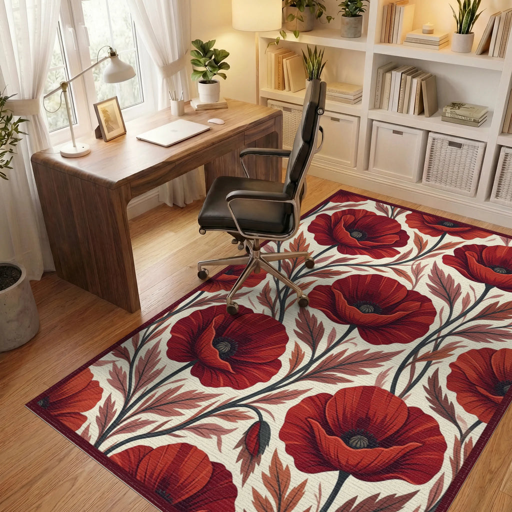 Crimson Red White Rug - office