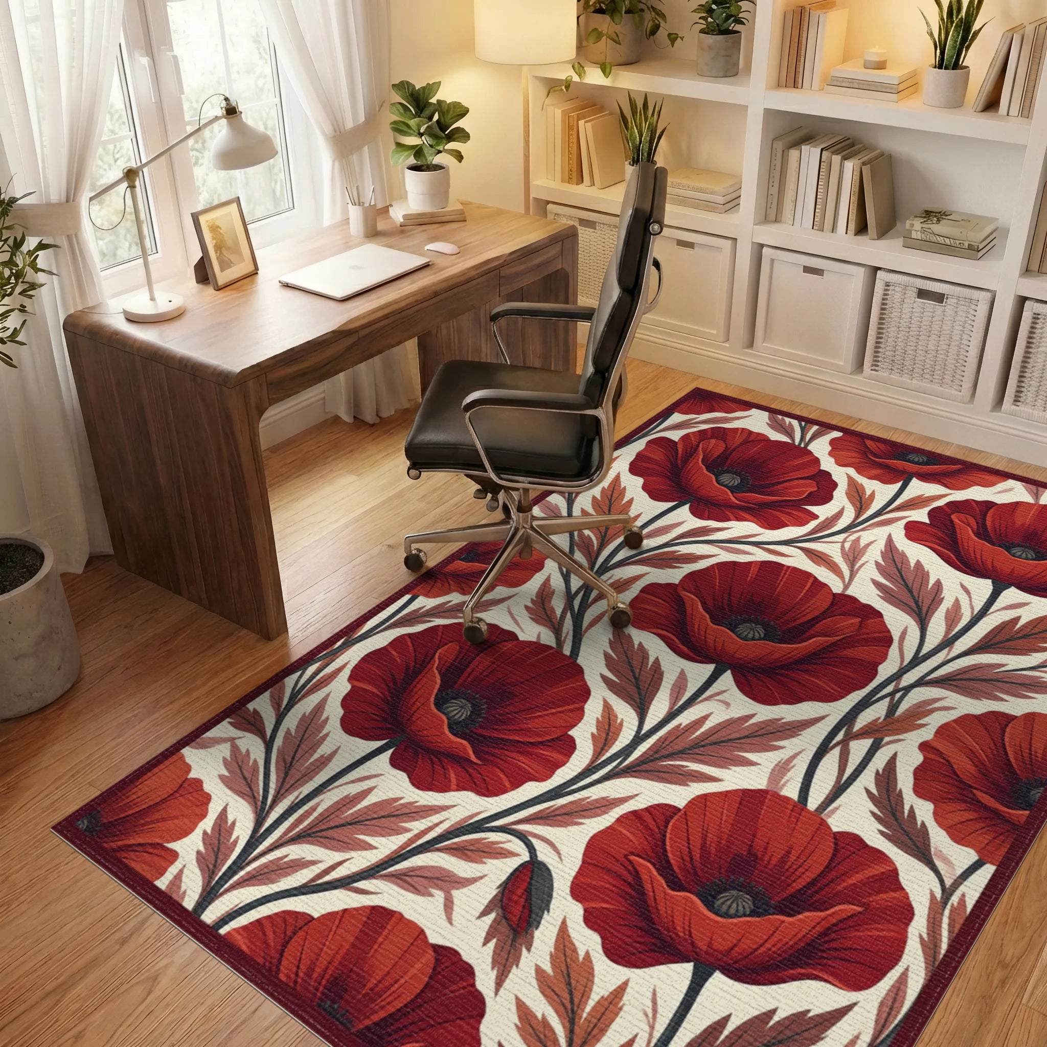 Crimson Red White Rug - office